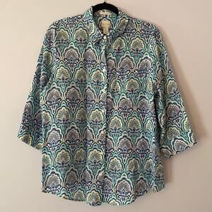 Chico's Blue Purple Paisley Print Button Down Shirt 100% Linen 2 / Large / 12